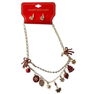CHRISTMAS Charms Necklace with Earrings Set Gold Tone NWT